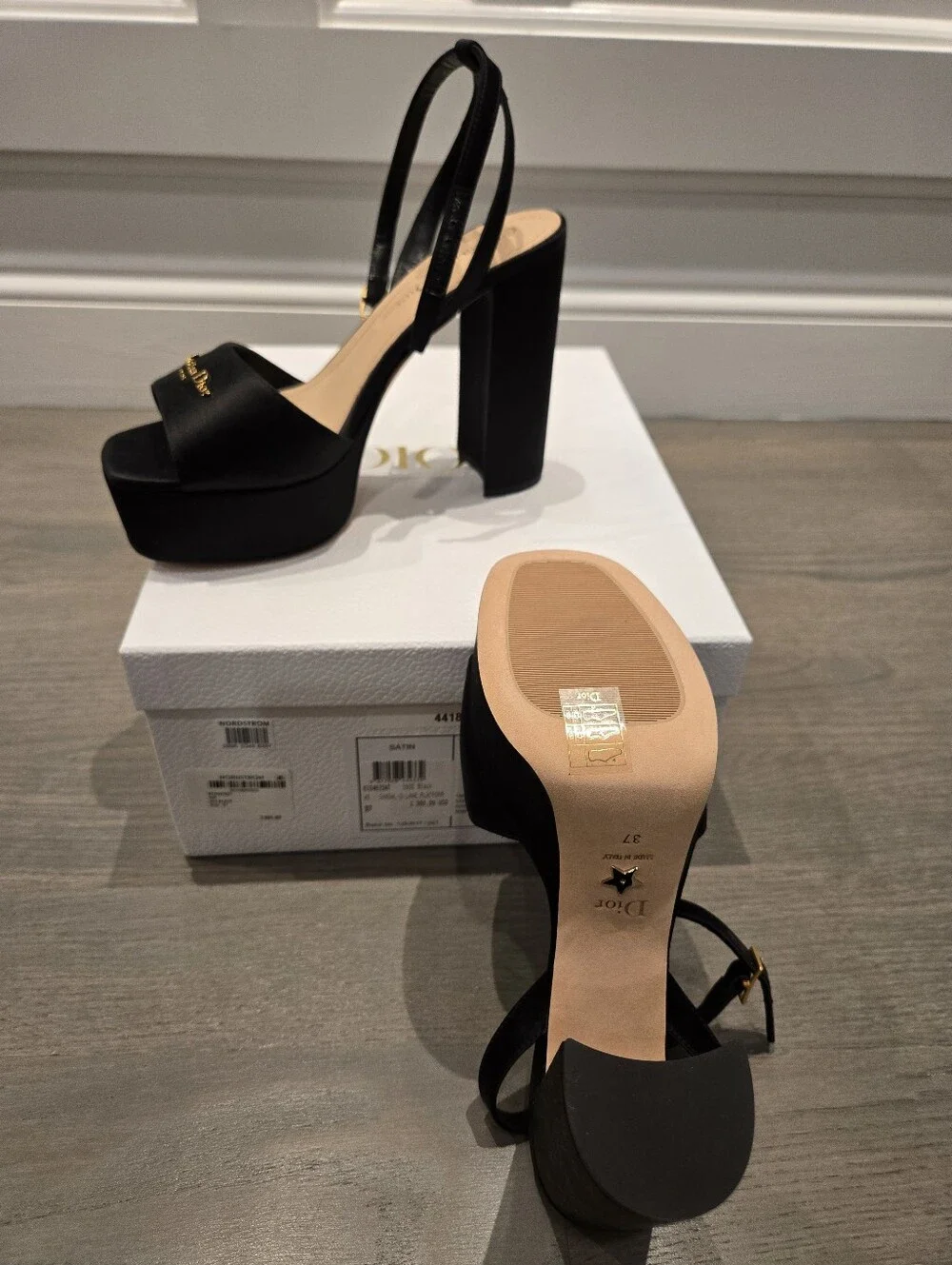 $1,300 Dior D-Lane Logo Heeled Platform Sandal Silk Black EU 37 US 7 BNIB